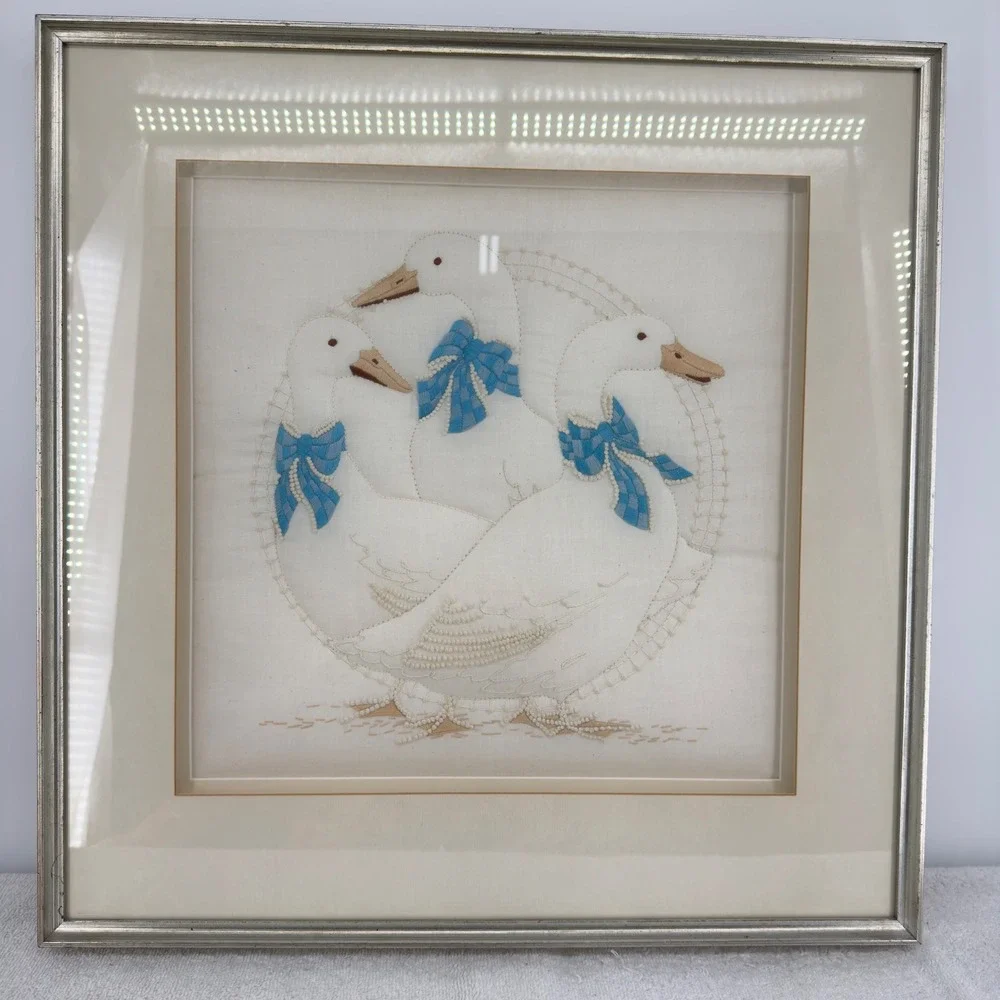 Vintage Framed Goose Embroidery Art Three White Geese Blue Bows Cottagecore